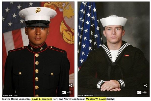 Marine Corps Lance Cpl. David L. Espinoza (left) and Navy Hospitalman Maxton W. Soviak (right)