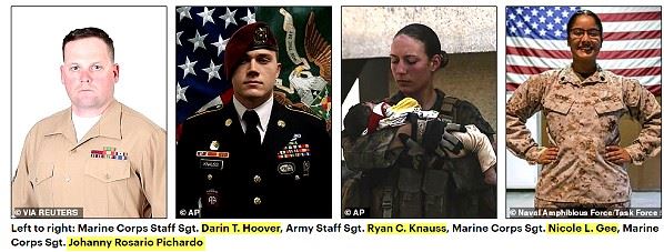 Marine Corps Staff Sgt. Darin T. Hoover, Army Staff Sgt. Ryan C. Knauss, Marine Corps Sgt. Nicole L. Gee, Marine Corps Sgt. Johanny Rosario Pichardo