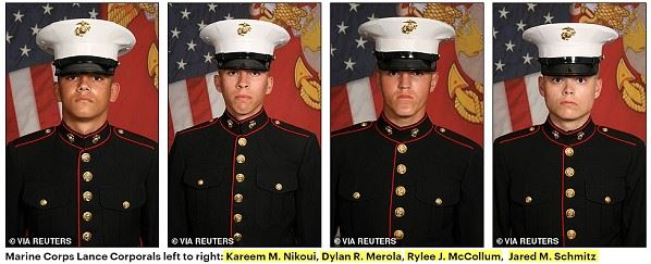 Marine Corps Lance Corporals left to right: Kareem M. Nikoui, Dylan R. Merola, Rylee J. McCollum,  Jared M. Schmitz